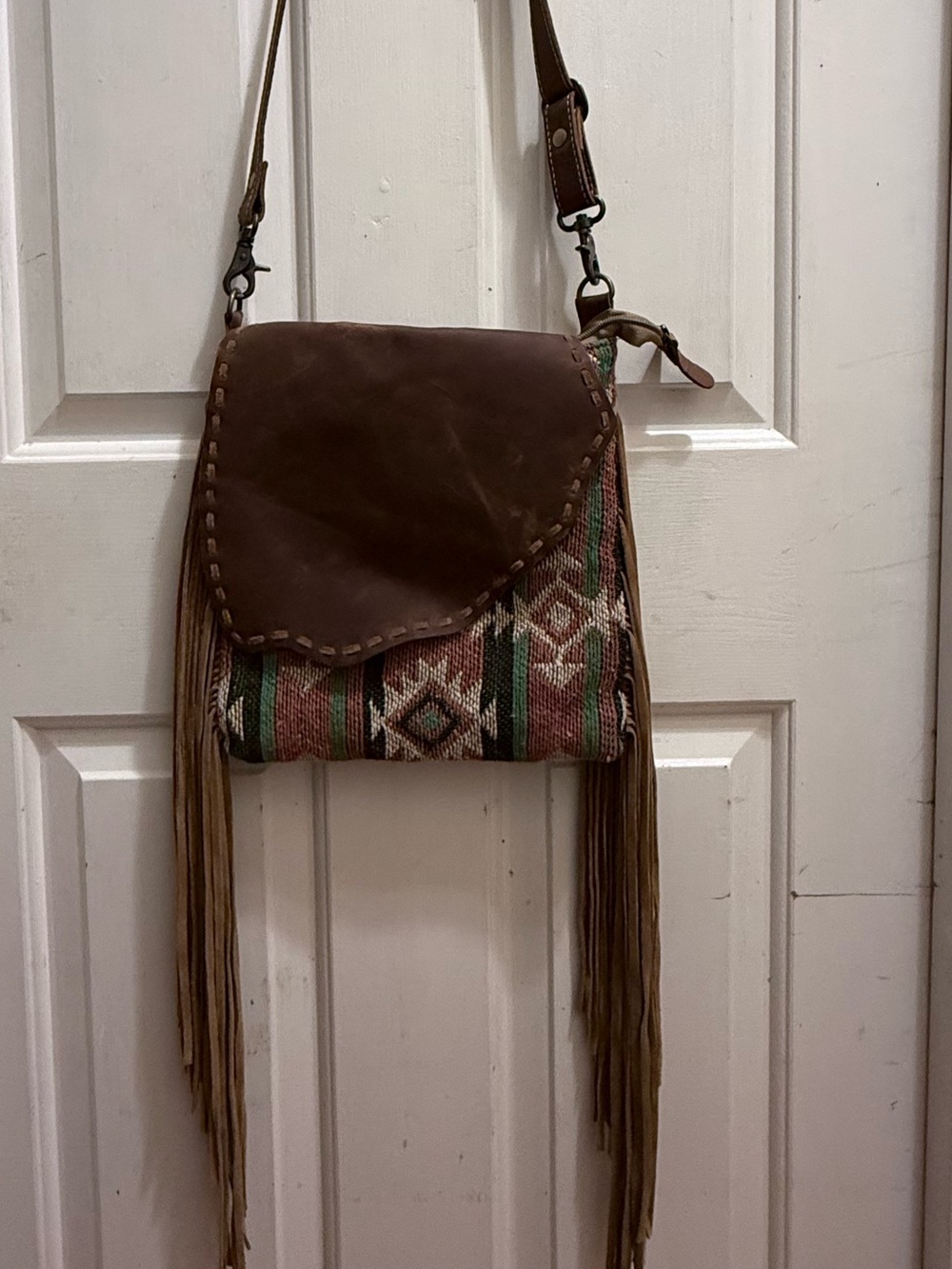 Myra Bag Brown Leather Flap Crossbody with Fringe and Aztec Weave